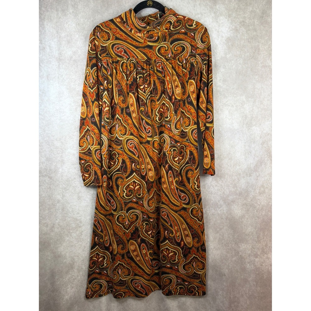 Honeycomb Dress Womens Vintage Orange‎ Paisley Long Sleeve Mock Neck Midi Size L